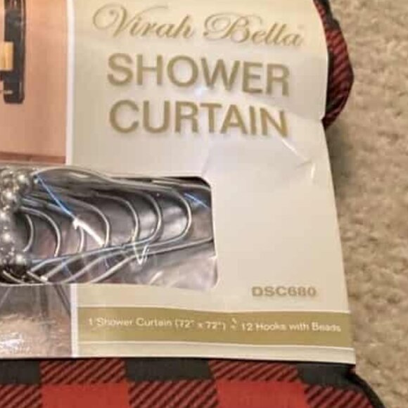 BUFFALO PLAID PRIMITIVE RED 72" SHOWER CURTAIN HOOKS BLACK CHECK 13 PC SET - Picture 4 of 5